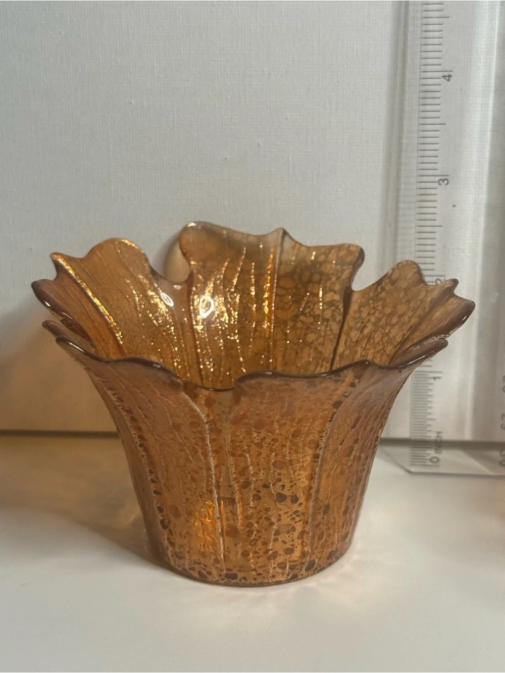 Amber Glass Leaf-Edge Votive Holders – Pair